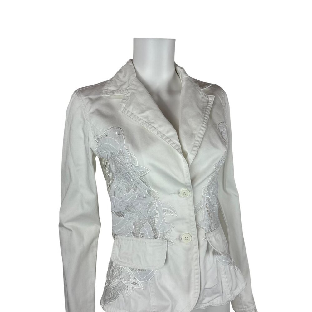 Together White Denim Jacket Small 6 Floral Inset Lace Cotton Spring Blazer - Picture 4 of 11